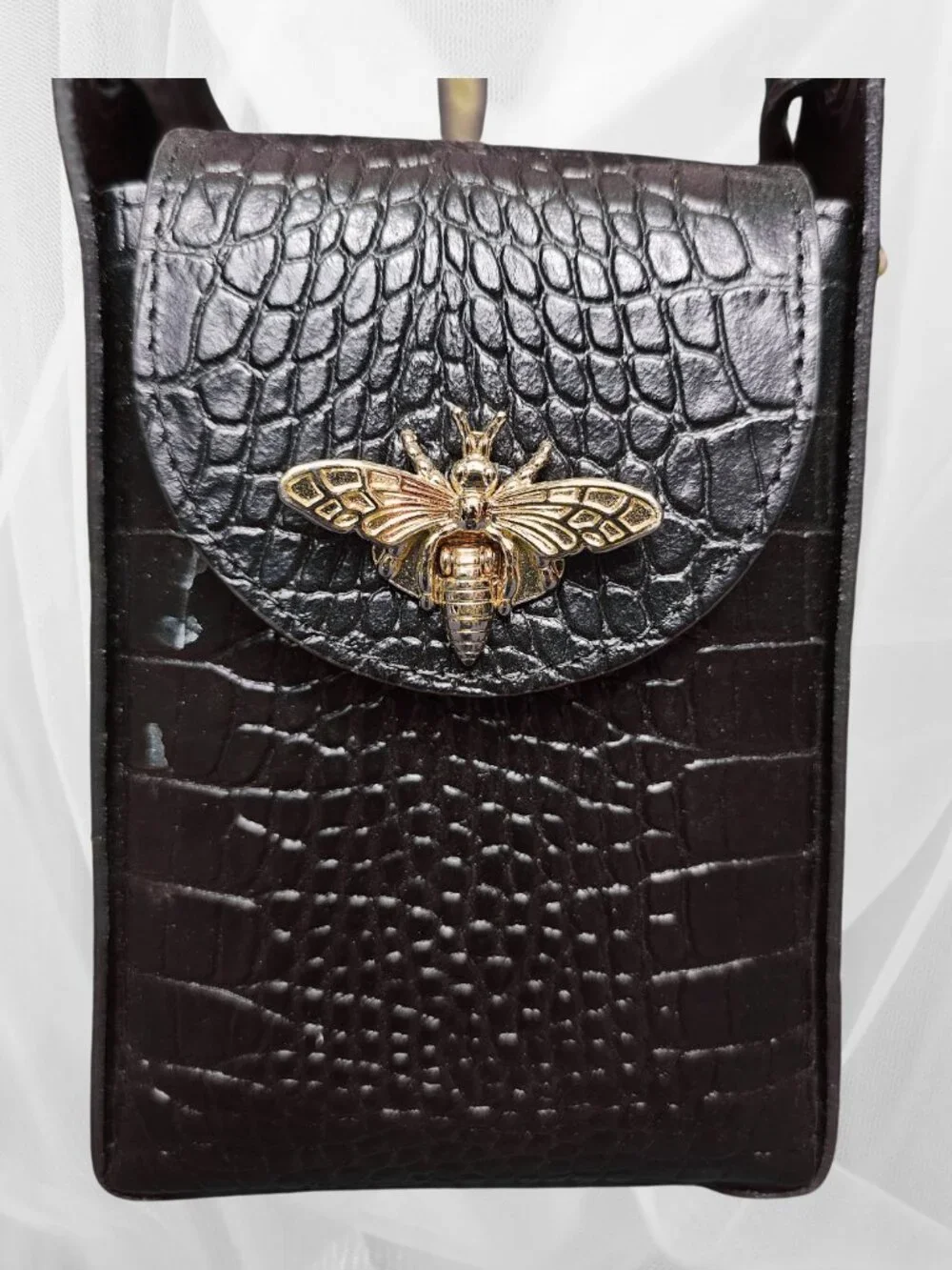 Persaman New York Black Croc Embossed Bee Phone Crossbody Bag